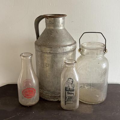 LOT 96: Vintage Milk Can & Bottles along w/1-Gallon Canning Jar