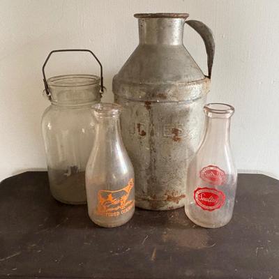 LOT 97: Vintage Milk Can & Bottles along w/1-Gallon Canning Jar