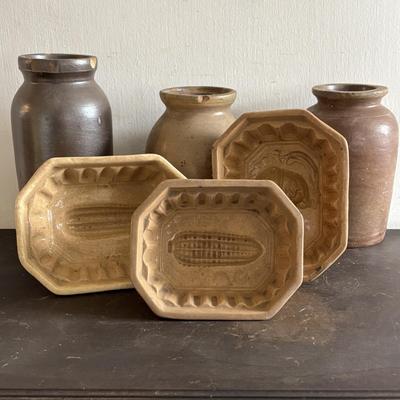LOT 103: Vintage Yellowware Stoneware Molds & Primitive Stoneware Crocks/Jars