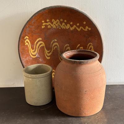 LOT 104: Antique Redware Slip Decorated Bowl & Vintage Crocks
