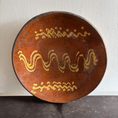 LOT 104: Antique Redware Slip Decorated Bowl & Vintage Crocks