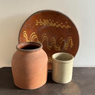 LOT 104: Antique Redware Slip Decorated Bowl & Vintage Crocks