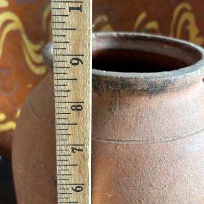 LOT 104: Antique Redware Slip Decorated Bowl & Vintage Crocks