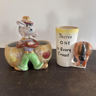 LOT 106: Vintage White House Apple Cider Vinegar Jars, Vintage Salt/Pepper Shakers, Donkey Planter & Cup
