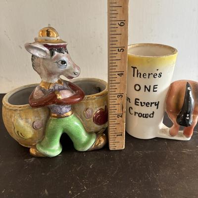 LOT 106: Vintage White House Apple Cider Vinegar Jars, Vintage Salt/Pepper Shakers, Donkey Planter & Cup