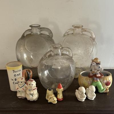 LOT 106: Vintage White House Apple Cider Vinegar Jars, Vintage Salt/Pepper Shakers, Donkey Planter & Cup