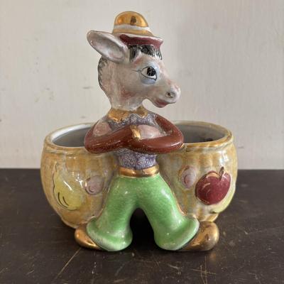 LOT 106: Vintage White House Apple Cider Vinegar Jars, Vintage Salt/Pepper Shakers, Donkey Planter & Cup