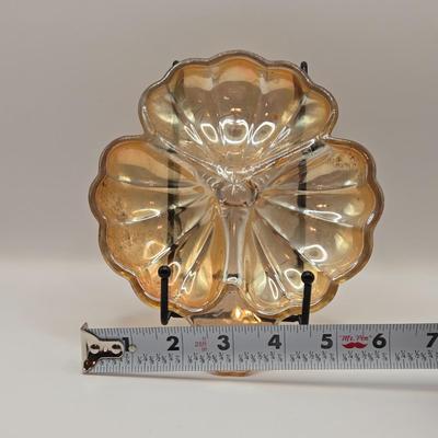 LOT 181: Depression & Carnival Glass Including Cup and Saucer, Clover Shaped Candy Dish, Plate & Bowls