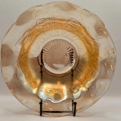 LOT 181: Depression & Carnival Glass Including Cup and Saucer, Clover Shaped Candy Dish, Plate & Bowls