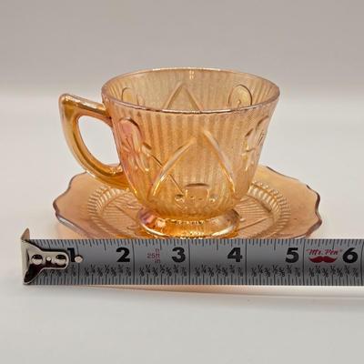 LOT 181: Depression & Carnival Glass Including Cup and Saucer, Clover Shaped Candy Dish, Plate & Bowls