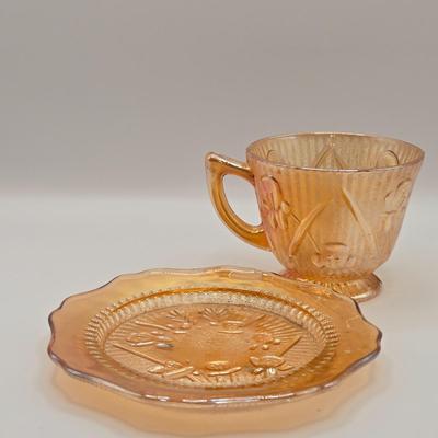 LOT 181: Depression & Carnival Glass Including Cup and Saucer, Clover Shaped Candy Dish, Plate & Bowls