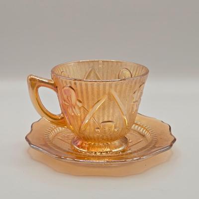 LOT 181: Depression & Carnival Glass Including Cup and Saucer, Clover Shaped Candy Dish, Plate & Bowls
