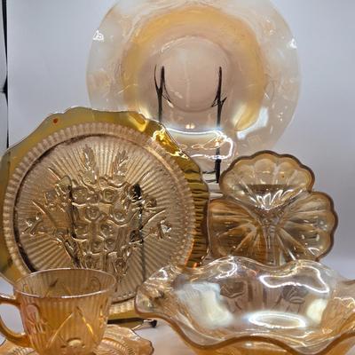 LOT 181: Depression & Carnival Glass Including Cup and Saucer, Clover Shaped Candy Dish, Plate & Bowls