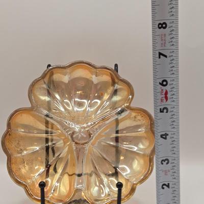 LOT 181: Depression & Carnival Glass Including Cup and Saucer, Clover Shaped Candy Dish, Plate & Bowls