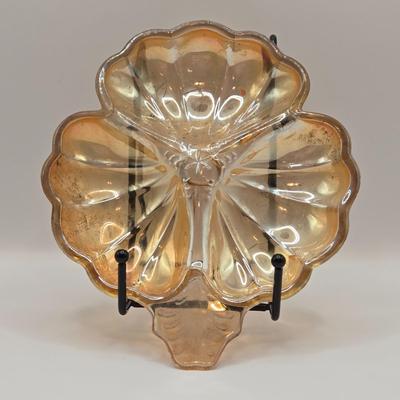 LOT 181: Depression & Carnival Glass Including Cup and Saucer, Clover Shaped Candy Dish, Plate & Bowls