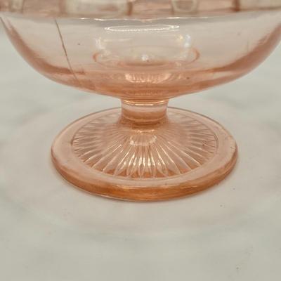 LOT 184: Vintage Lancaster Glass Clear Open Lace Plate, "Lace Edge" Pink Depression Compote Dish, Apple Shaped Glass Jar with...