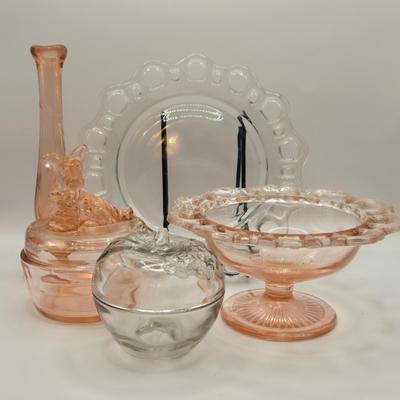 LOT 184: Vintage Lancaster Glass Clear Open Lace Plate, "Lace Edge" Pink Depression Compote Dish, Apple Shaped Glass Jar with...