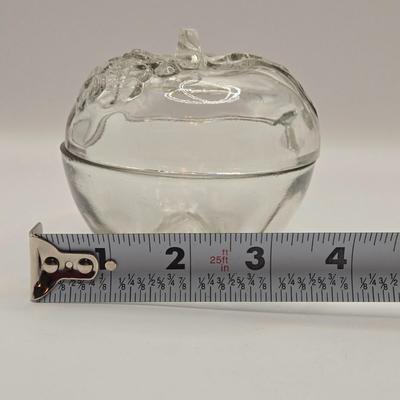 LOT 184: Vintage Lancaster Glass Clear Open Lace Plate, "Lace Edge" Pink Depression Compote Dish, Apple Shaped Glass Jar with...