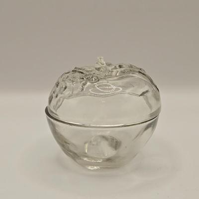 LOT 184: Vintage Lancaster Glass Clear Open Lace Plate, "Lace Edge" Pink Depression Compote Dish, Apple Shaped Glass Jar with...