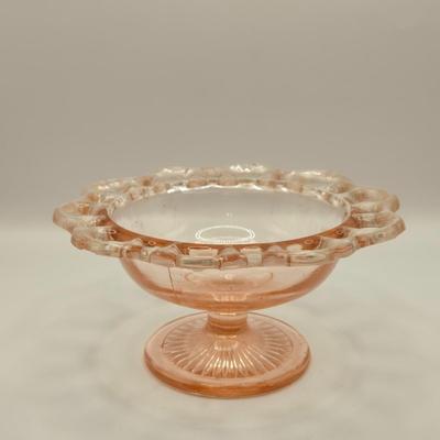 LOT 184: Vintage Lancaster Glass Clear Open Lace Plate, "Lace Edge" Pink Depression Compote Dish, Apple Shaped Glass Jar with...