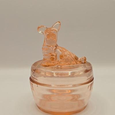 LOT 184: Vintage Lancaster Glass Clear Open Lace Plate, "Lace Edge" Pink Depression Compote Dish, Apple Shaped Glass Jar with...