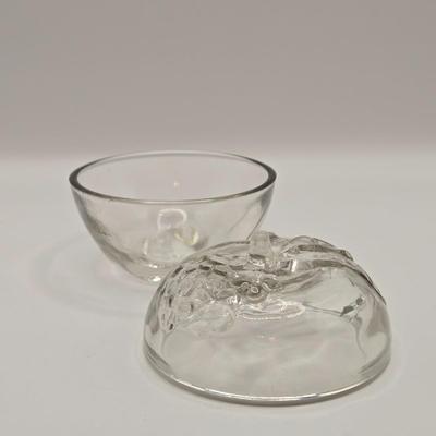 LOT 184: Vintage Lancaster Glass Clear Open Lace Plate, "Lace Edge" Pink Depression Compote Dish, Apple Shaped Glass Jar with...