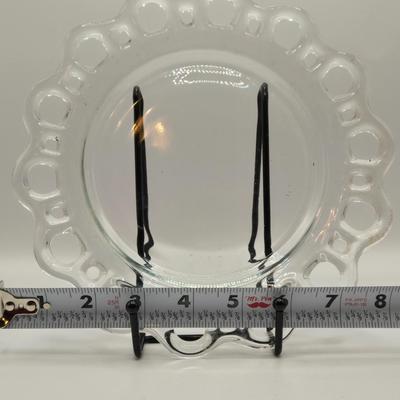 LOT 184: Vintage Lancaster Glass Clear Open Lace Plate, "Lace Edge" Pink Depression Compote Dish, Apple Shaped Glass Jar with...