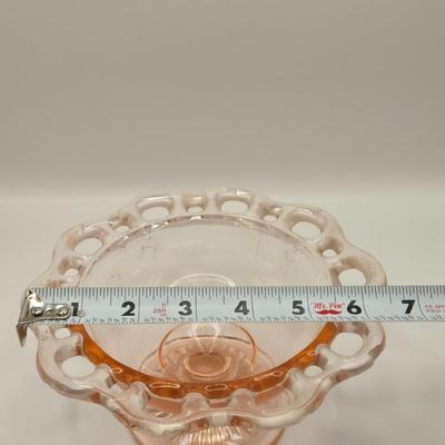 LOT 184: Vintage Lancaster Glass Clear Open Lace Plate, "Lace Edge" Pink Depression Compote Dish, Apple Shaped Glass Jar with...