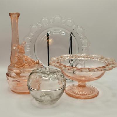 LOT 184: Vintage Lancaster Glass Clear Open Lace Plate, "Lace Edge" Pink Depression Compote Dish, Apple Shaped Glass Jar with...