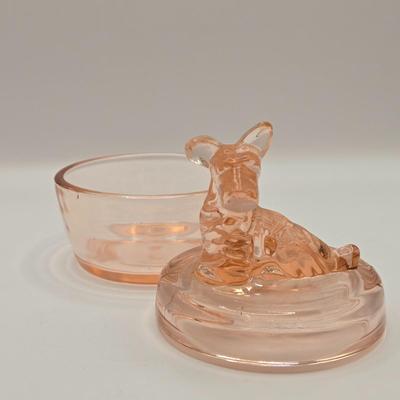 LOT 184: Vintage Lancaster Glass Clear Open Lace Plate, "Lace Edge" Pink Depression Compote Dish, Apple Shaped Glass Jar with...