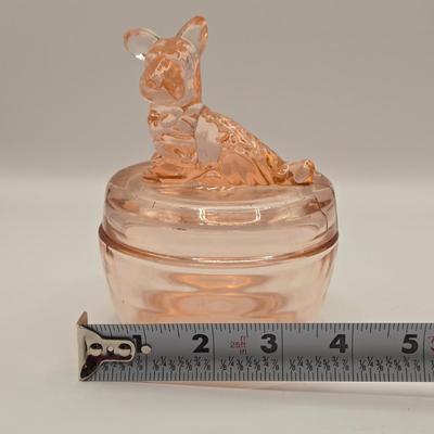 LOT 184: Vintage Lancaster Glass Clear Open Lace Plate, "Lace Edge" Pink Depression Compote Dish, Apple Shaped Glass Jar with...