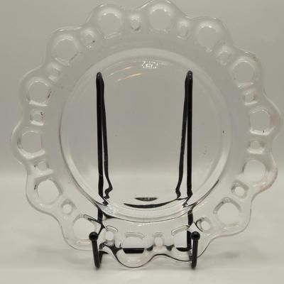 LOT 184: Vintage Lancaster Glass Clear Open Lace Plate, "Lace Edge" Pink Depression Compote Dish, Apple Shaped Glass Jar with...