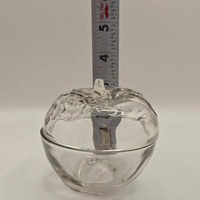 LOT 184: Vintage Lancaster Glass Clear Open Lace Plate, "Lace Edge" Pink Depression Compote Dish, Apple Shaped Glass Jar with...