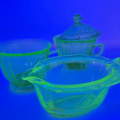 LOT 185: Vintage Uranium Glass Creamers, Sugar Bowl