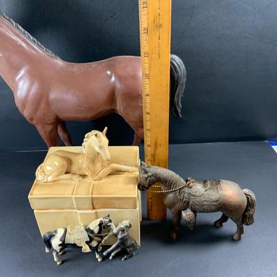 LOT 191: Just Horsing Around Collection Including Large Marx Toy Horse, Smaller Vintage Toy Horses, Ceramic Trinket Box with Horse Lid...