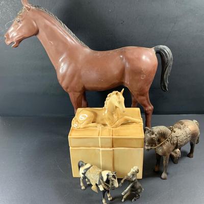 LOT 191: Just Horsing Around Collection Including Large Marx Toy Horse, Smaller Vintage Toy Horses, Ceramic Trinket Box with Horse Lid...