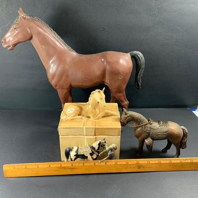LOT 191: Just Horsing Around Collection Including Large Marx Toy Horse, Smaller Vintage Toy Horses, Ceramic Trinket Box with Horse Lid...