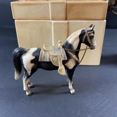 LOT 191: Just Horsing Around Collection Including Large Marx Toy Horse, Smaller Vintage Toy Horses, Ceramic Trinket Box with Horse Lid...