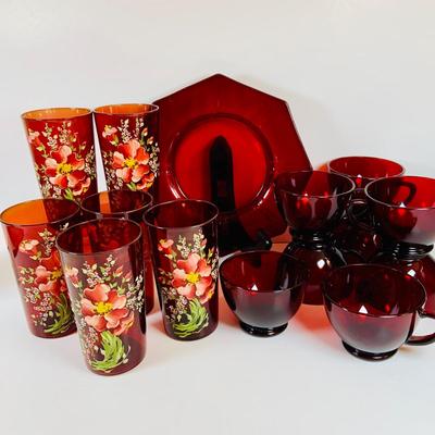 LOT 193: Beautiful Hand Painted Cranberry Glass Tumblers, Cranberry Glass Cups and Plate