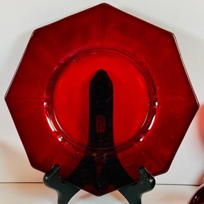 LOT 193: Beautiful Hand Painted Cranberry Glass Tumblers, Cranberry Glass Cups and Plate