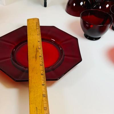 LOT 193: Beautiful Hand Painted Cranberry Glass Tumblers, Cranberry Glass Cups and Plate