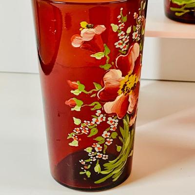 LOT 193: Beautiful Hand Painted Cranberry Glass Tumblers, Cranberry Glass Cups and Plate