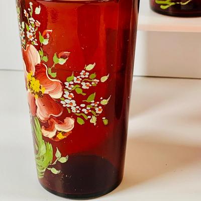 LOT 193: Beautiful Hand Painted Cranberry Glass Tumblers, Cranberry Glass Cups and Plate