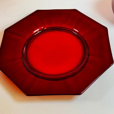 LOT 193: Beautiful Hand Painted Cranberry Glass Tumblers, Cranberry Glass Cups and Plate