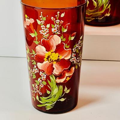 LOT 193: Beautiful Hand Painted Cranberry Glass Tumblers, Cranberry Glass Cups and Plate