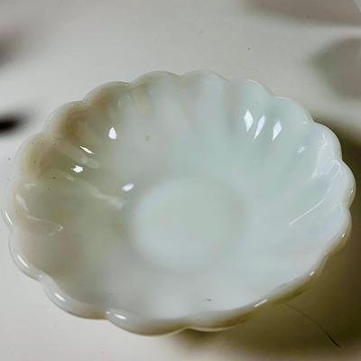 LOT 194: Uranimum Glass Salt and Pepper Shakers, Daisy and Button Vaseline Glass Slipper, Uranium Glass Covered Candy Dish with Painted...