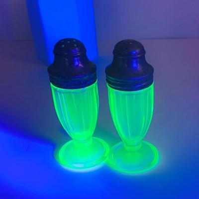 LOT 194: Uranimum Glass Salt and Pepper Shakers, Daisy and Button Vaseline Glass Slipper, Uranium Glass Covered Candy Dish with Painted...