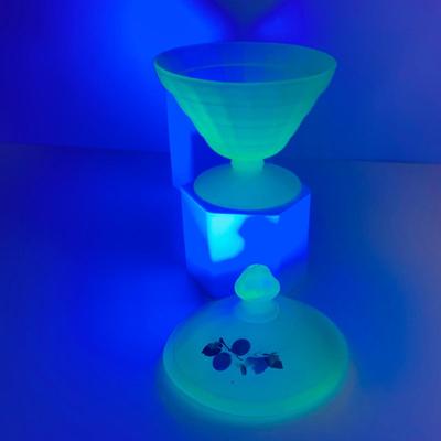 LOT 194: Uranimum Glass Salt and Pepper Shakers, Daisy and Button Vaseline Glass Slipper, Uranium Glass Covered Candy Dish with Painted...