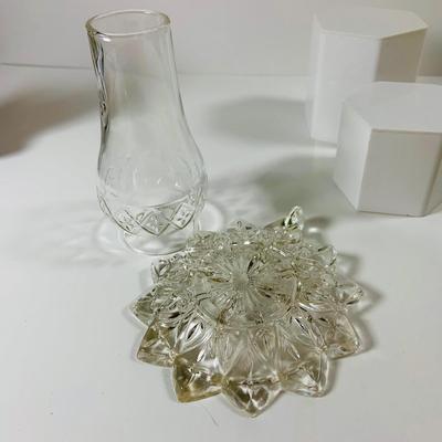 LOT 194: Uranimum Glass Salt and Pepper Shakers, Daisy and Button Vaseline Glass Slipper, Uranium Glass Covered Candy Dish with Painted...