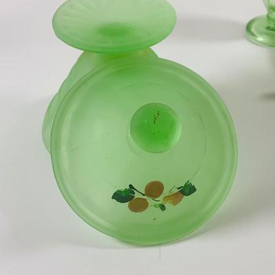 LOT 194: Uranimum Glass Salt and Pepper Shakers, Daisy and Button Vaseline Glass Slipper, Uranium Glass Covered Candy Dish with Painted...